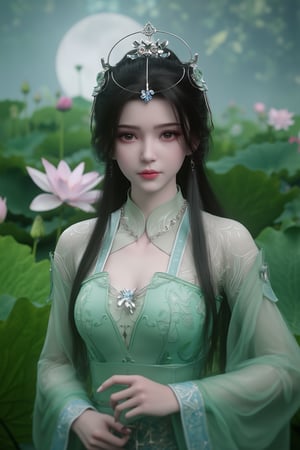 (8k, RAW photo, best quality, masterpiece:1.2), (realistic, photo-realistic:1.2)(raw photo) , detailed and intricate, original,highres,looking at viewer,upper body,black hair,BREAK,(light green 
 clothing:1.39),(huge breasts:2.29),Xyunxiao,1girl,(full moon,Peony:1.36),BREAK,( Chinese Phoenix pattern embroidery:1.26),Xxiaolongnv,Xlimuwan,Xjiuweihu,(Mid-Autumn Festival theme, moon cakes, jade rabbit, lanterns, fireworks:1.36), (lotus, lotus pond:1.39)