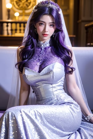 masterpiece,1girl,(mature female:0.5),tall body,golden proportions,(Kpop idol),(shiny skin:1.2),(oil skin:1.1),makeup,(close up),(church background:1.2),depth of field,(closed mouth:0.5),((long wavy purple hair)),(puffy eyes),(eyelashes:1.1),(parted lips:1.1),red lipstick,fantasy art style,dreamy light,(high neck purple wedding dress:1.59),(lace long wedding dress:1.39),perfect body,(dreamy veil:1.3),(dusk:1.2),princess shoes,(diamond necklace),(crystal hairpin),tyndall effect,highres,(Sit on the sofa:1.3),(big breasts:1.79),