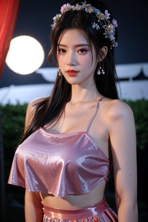   (masterpiece, best quality:1.2),1girl, navel, solo, midriff, bare shoulders, lantern, hair ornament, flower, hair flower, paper lantern, black hair, red lips, looking at viewer, chinese clothes, (light Holographic pink dress:1.29), purple eyes,blurry, solo focus, long hair, lips, night, lipstick, outdoors, upper body, blurry,(huge breasts:1.46), background, solo, makeup, hair bun,Xyunxiao,(full moon:1.23)