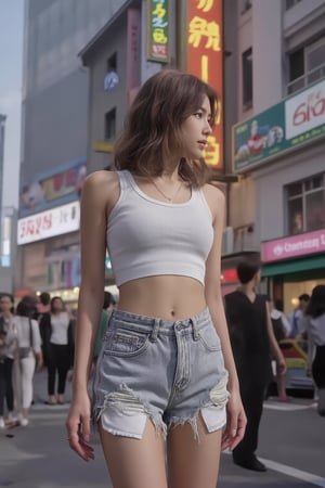 Create a realistic street photography style image of a stylish Korean woman in Seoul. She's wearing light-washed high-waisted denim shorts with pockets peeking out below the hem, paired with a white cropped top. Her medium-length wavy hair is dyed light brown. She's standing on a busy Seoul street with neon signs and crowds in the background. Capture her in a candid pose, as if waiting for someone. Use natural lighting to enhance the urban atmosphere and showcase the fashion details.,Xyunxiao,Xxiaolongnv