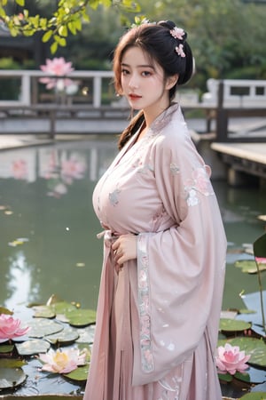 (masterpiece, best quality:1.2), highres, extremely detailed, 1 girl, long hair, eye highlights,(light pink hanfu dress:1.33), frills, outdoors, flower, fluttering petals, upper body, depth of field,pastel color, Depth of field,garden of the sun,shiny,flowers, garden, 1girl, butterfly style, butterflies, ultra detailed, glary,Light, light particles,glitter,reflect,(Ancient Chinese pattern embroidery:1.23),(big breasts:1.76),Xyunxiao,(pink lotus,Lotus Pond:1.59),(Background Chinese ancient architecture:1.29)