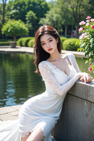 best quality,(masterpiece,beautiful cute girl:1.23),Professional,photo_(medium),ultra-fine painting,1girl,long hair,outdoors,(front:1.3),(sitting:1.3),medium_shot,(white lace Bodycon Fishtail Dress:1.29),flower,hands on hips,(big breasts:1.59),Xyunxiao