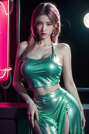 (masterpiece, best quality:1.3),Nights,(Cyberpunk:1.1), (neon lights:1.43), glowing earrings, realistic, pub,1girl, solo, looking at viewer, (Holographic light green dress:1.29),realistic, midriff, bare shoulders, standting, hair ornament, pink hair, jewelry, Pleated Skirt, purple long skirt, cowboy shot,Xyunxiao, ,(huge breasts:1.5),(full moon:1.39)