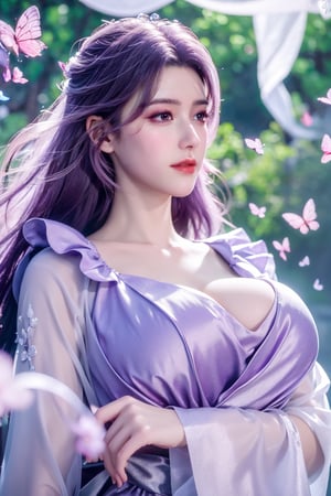 (masterpiece, best quality:1.2), highres, extremely detailed, 1 girl, purple hair, eye highlights,purple dress, frills, outdoors, flower, fluttering petals, upper body, depth of field,pastel color, Depth of field,garden of the sun,shiny,flowers, garden, 1girl, butterfly style, butterflies, ultra detailed, glary,Light, light particles,glitter,reflect,,(big breasts:1.39),Xyunxiao,sky_moon