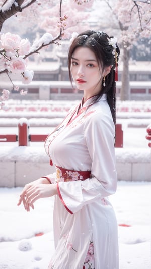 Masterpiece, Best Quality,young and beautiful Chinese girl wearing a cheongsam with coiled hair, , wearing vintage Chinese earrings, (big breasts:1.39),in front of the Forbidden City, with a large aperture portrait lens,(big breasts:1.3),embroidered flower patterns,(Peonies, cherry blossoms, plum blossoms:1.3), (snow:1.5),,  qipao