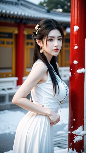 Masterpiece, Best Quality,young and beautiful Chinese girl wearing a cheongsam with coiled hair,wearing vintage Chinese earrings, (big breasts:1.39),1girl, half, (Masterpiece:1.2), best quality, arien_hanfu, 1girl, (falling_snow:1.39), looking_at_viewer, , (big breasts:1.5),Young beauty spirit,（The background is the Forbidden City1.3）