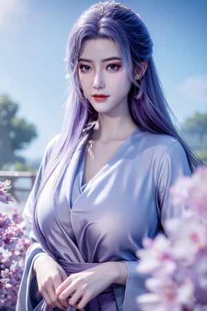 (masterpiece, best quality:1.2), highres, extremely detailed, 1 girl, purple hair, eye highlights,purple dress, frills, outdoors, flower, fluttering petals, upper body, depth of field,pastel color, Depth of field,garden of the sun,shiny,flowers, garden, 1girl, butterfly style, butterflies, ultra detailed, glary,Light, light particles,glitter,reflect,,(big breasts:1.59),Xyunxiao,sky_moon,hanfu