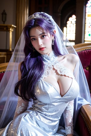 masterpiece,1girl,(mature female:0.5),tall body,golden proportions,(Kpop idol),(shiny skin:1.2),(oil skin:1.1),makeup,(close up),(church background:1.2),depth of field,(closed mouth:0.5),((long wavy purple hair)),(puffy eyes),(eyelashes:1.1),(parted lips:1.1),red lipstick,fantasy art style,dreamy light,(high neck purple wedding dress:1.33),(lace long wedding dress:1.39),perfect body,(dreamy veil:1.3),(dusk:1.2),princess shoes,(diamond necklace),(crystal hairpin),tyndall effect,highres,(Sit on the sofa:1.3),(big breasts:1.68),