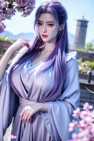 (masterpiece, best quality:1.2), highres, extremely detailed, 1 girl, purple hair, eye highlights,purple dress, frills, outdoors, flower, fluttering petals, upper body, depth of field,pastel color, Depth of field,garden of the sun,shiny,flowers, garden, 1girl, butterfly style, butterflies, ultra detailed, glary,Light, light particles,glitter,reflect,,(big breasts:1.52),Xyunxiao,sky_moon,hanfu