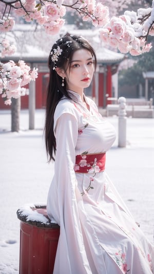 Masterpiece, Best Quality,young and beautiful Chinese girl wearing a cheongsam with coiled hair, , wearing vintage Chinese earrings, (big breasts:1.39),in front of the Forbidden City, with a large aperture portrait lens,(big breasts:1.3),embroidered flower patterns,(Peonies, cherry blossoms, plum blossoms:1.3), (snow:1.5),,  qipao,(Looking into the camera:1.3), (sitting under the tree:1.3)
