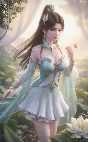 (masterpiece, best quality:1.2), highres, extremely detailed, 1girl,(Holographic sweater dress:1.26),looking at viewer,indoors, Xyunxiao,Yunxiao_Fairy, (huge breasts:1.63),Depth of field,(garden of the sun,shiny,flowers, garden:1.29), 1girl, (Lotus,butterflies:1.29), ultra detailed, glary,Light, light particles,glitter,reflect,Xguxuner