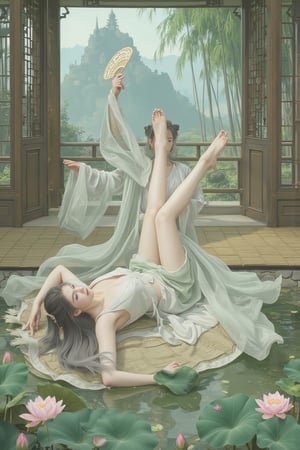 (nude,nsfw:2),((1girl)),solo,lying on back on bamboo mat bed in garden,paper fan,thin hanfu,foggy,(curtain),(bamboo forest),(huge breasts:2.2),(nude,nsfw:2.1),(Spread your legs and expose your vagina:1.55),tiles roof,translucent silk chiffon hanfu,light green and white,off shoulders,chinese painting,gongbi style,water_color,(grapevineman:1.4),(trees, artificial mountain, green lotus  leaves,light pink lotus flowers),koi,wooden windows,doors,bed,stone,trandional architecture,temple,tower,wall,chinese garden,long hair,full body,flat breasts,covered nipples,bangs,(masterpiece, Extremely detailed, best quality, highres:1.2),(ultra_detailed, UHD:1.2),soft smile,nsfw,huyefo,1girl,see-through,sagging breasts,pussy,bsp,daxiushan,daxiushan style,xxmixgirl