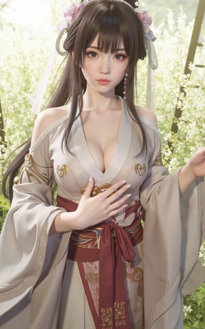 (masterpiece, best quality:1.2), 1girl, (hanfu dress:1.26),looking at viewer,(huge breasts:1.69),Depth of field,