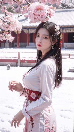 Masterpiece, Best Quality,young and beautiful Chinese girl wearing a cheongsam with coiled hair, , wearing vintage Chinese earrings, (big breasts:1.39),in front of the Forbidden City, with a large aperture portrait lens,(big breasts:1.3),embroidered flower patterns,(Peonies, cherry blossoms, plum blossoms:1.3), (snow:1.5),,  qipao