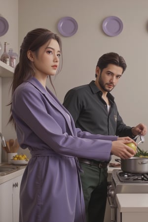 Close-up of a digital painting depicting a man in a black shirt and a beautiful woman in a purple jumpsuit standing in a kitchen. The man was wearing a black button-up shirt and dark green pants, with NIKE embroidery on the left side of the shirt. The woman wears a long-sleeved purple robe and holds a spoon in her right hand, while the man holds an apple in his left hand. The woman's arms rest in front of a silver pot on the stove. The stove is against a white countertop, with bowls of vegetables placed on it. There is a sink with a silver faucet to the left of the stove, and a white cabinet with silver handles. Above the counter, three purple plates hang from the ceiling. Realism. light and shadow. The lighting is soft. masterpiece