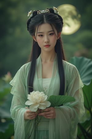 (8k, RAW photo, best quality, masterpiece:1.2), (realistic, photo-realistic:1.2)(raw photo) , detailed and intricate, original,highres,looking at viewer,upper body,black hair,BREAK,(light green 
 clothing:1.39),(huge breasts:2.29),Xyunxiao,1girl,(full moon,Peony:1.36),BREAK,( Chinese Phoenix pattern embroidery:1.26),Xxiaolongnv,Xlimuwan,Xjiuweihu,(Mid-Autumn Festival theme, moon cakes, jade rabbit, lanterns, fireworks:1.36), (lotus, lotus pond:1.39)