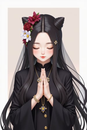 1girl, solo, long hair, black hair, hair ornament, long sleeves, dress, jewelry, closed mouth, closed eyes, upper body, earrings, necklace, bracelet, ring, own hands together, veil, red lips, praying,Midjourney_Whisper,Made of adrr-zllj,landscape,wonder beauty