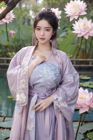 (masterpiece, best quality:1.2), highres, extremely detailed, 1 girl, purple hair, eye highlights,(light purple hanfu dress:1.33), frills, outdoors, flower, fluttering petals, upper body, depth of field,pastel color, Depth of field,garden of the sun,shiny,flowers, garden, 1girl, butterfly style, butterflies, ultra detailed, glary,Light, light particles,glitter,reflect,(Ancient Chinese pattern embroidery:1.59),(big breasts:1.76),Xyunxiao,(pink lotus,Lotus Pond:1.59),(Background Chinese ancient architecture:1.29)