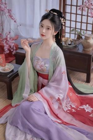 (masterpiece, best quality:1.2),1girl, solo, long hair, black hair,Hairpins,necklace, hair ornament, dress, full body, flower, earrings, indoors, hair bun, (red-Purple-green dress:1.29),(Tube top Hanfu long skirt:1.1), pillow, bed, night, chinese clothes, table, branch,daxiushan, ,daxiushan style,(huge breasts:2.33), (full breasts:1.79), realistic,hanfu, daxiushan,Shoulders are exposed, , daxiushan, arien_hanfu, FilmGirl,Xziling,More Reasonable Details