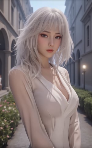 (masterpiece, best quality:1.2), 1girl, (white dress:1.26),looking at viewer,(huge breasts:1.69),Depth of field,(Ancient city streets,flowers:1.29), 1girl, ultra detailed, glary,Light, light particles,reflect,ghost