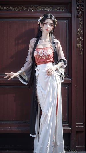 ,(hanfu),(floral print:1.3),(pink see-through shirt),(green see-through print long skirt),(long sleeves),1 girl,full body,(long hair:1.1),,(big breasts:1.3), (realistic:1.7),((best quality)),absurdres,(ultra high res),(photorealistic:1.6),photorealistic,octane render,(hyperrealistic:1.2), (photorealistic face:1.2), (8k), (4k), ,,(big breasts:1.3),(Masterpiece),(realistic skin texture), (illustration, cinematic lighting,wallpaper),( beautiful eyes:1.2),((((perfect face)))),(cute),(standing),(black hair),black eyes,red lips, outdoors, (chinese style buildings), ,hanfu,Agoon
