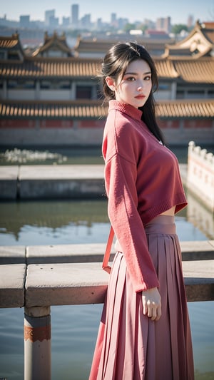 masterpiece, best quality, 1girl,Chinese hanfu,(pink sweater,mid length pleated skirt:1.2),(Forbidden City background, snowing, plum blossoms:1.2),plush clothes,(scarf:1.1),arms_behind_back,Young beauty spirit, (big breasts:1.3), ,Young beauty spirit 