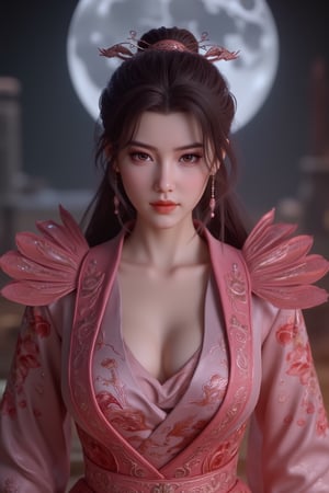 (8k, RAW photo, best quality, masterpiece:1.2), (realistic, photo-realistic:1.2)(raw photo) , detailed and intricate, original,highres,looking at viewer,upper body,black hair,BREAK,(light red Holographic 
 clothing:1.29),(huge breasts:1.82),Xyunxiao,1girl,(full moon,Peony:1.36),BREAK,(Holographic color Chinese Phoenix pattern embroidery:1.26)