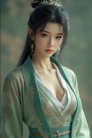 (8k, RAW photo, best quality, masterpiece:1.2), (realistic, photo-realistic:1.2)(raw photo) , detailed and intricate, original,highres,looking at viewer,upper body,black hair,BREAK,(light green hanfu:1.29),(huge breasts:2.3),Xyunxiao,1girl,(full moon,Peony:1.36),BREAK,(Chinese Phoenix pattern embroidery:1.26),wonder beauty