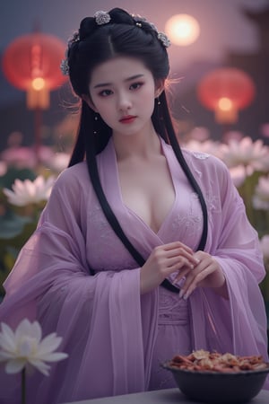 (8k, RAW photo, best quality, masterpiece:1.2), (realistic, photo-realistic:1.2)(raw photo) , detailed and intricate, original,highres,looking at viewer,upper body,black hair,BREAK,(light purple-pink clothing:1.39),(huge breasts:2.29),Xyunxiao,1girl,(full moon,Peony:1.36),BREAK,(Chinese Phoenix pattern embroidery:1.26),Xxiaolongnv,Xlimuwan,Xjiuweihu,(Mid-Autumn Festival theme, moon cakes, jade rabbit, lanterns, fireworks:1.52), (lotus, lotus pond:1.59)