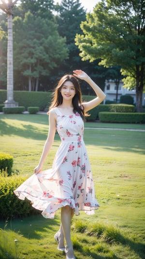 1girl, solo, a stunning beautiful Asian girl with bright smile, light brown hair, blowing hari, spring grass field, wearing a colorful onepiece dress, looking at camera, 8k, high res, middle quality, ,Young beauty spirit 