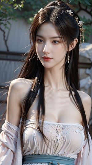 hanfu2, Best Quality, masterpiece, Super High Resolution, , 1 girl, (long hair:1.2),  (big breasts:1.3),hanfu, pure beauty, girlish, flush, 18-year-old, 18-year-old,smiling, pure beauty, naive, oval face, big eyes, long eyelashes, exquisite (realistic style) ,  extreme face, photo-level lighting, sharp features, creamy skin, fair skin, high-detail skin, realistic skin details, visible pores, (super-detail) , (perfect body: 1.1) , long hair, (dynamic pose) , (dynamic background (volume light: 1.3)) , breasts,1girl,bare shoulders