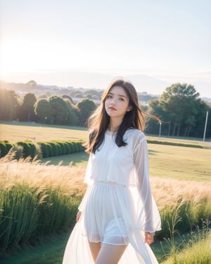 1girl, solo, a stunning beautiful Asian girl with bright smile, light brown hair, blowing hari, spring grass field, wearing a colorful onepiece dress, looking at camera, 8k, high res, middle quality, 