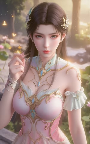 (masterpiece, best quality:1.2), highres, extremely detailed, 1girl,(Holographic sweater dress:1.26),looking at viewer,indoors, Xyunxiao,Yunxiao_Fairy, (huge breasts:1.63),Depth of field,(garden of the sun,shiny,flowers, garden:1.29), 1girl, (Lotus,butterflies:1.29), ultra detailed, glary,Light, light particles,glitter,reflect,Xguxuner