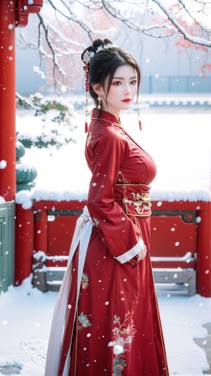 Masterpiece, Best Quality,young and beautiful Chinese girl wearing a cheongsam with coiled hair, , wearing vintage Chinese earrings, (big breasts:1.39),1girl, half, (Masterpiece:1.2), best quality, arien_hanfu, 1girl, (falling_snow:1.3), looking_at_viewer, , (big breasts:1.5),