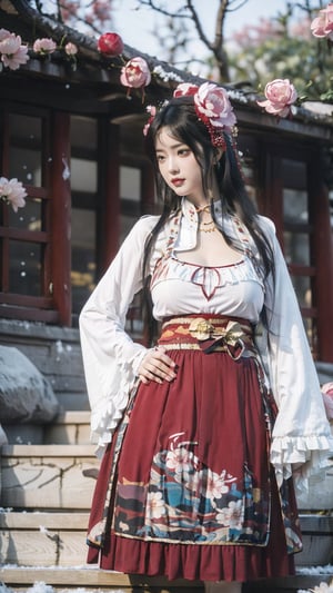 hanfu, Best Quality, masterpiece, (Snowing:1.3),1 girl, (long hair:1.2),  (big breasts:1.89),(Upper body photo:1.3),hanfu,18-year-old , exquisite , extreme face,creamy skin, fair skin,realistic skin details, (super-detail) , long hair, (big breasts:1.69),1girl,long skirt,long sleeves,(Peony flowers, plum blossoms:1.5),(flower:1.3),tangdynastyhanfu, hanfu2,myhanfu, chang,Sit on the steps, hands on hips,embroidered flower patterns,hanfulolita