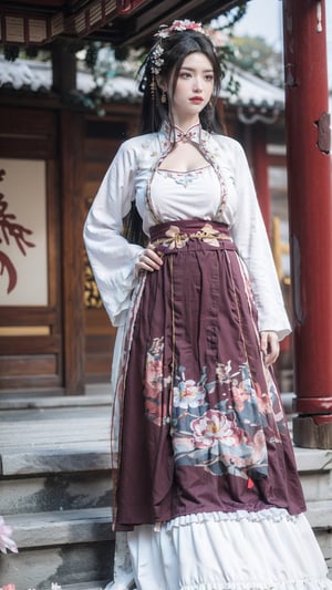 hanfu, Best Quality, masterpiece, (Snowing:1.3),1 girl, (long hair:1.2),  (big breasts:1.89),(Upper body photo:1.3),hanfu,18-year-old , exquisite , extreme face,creamy skin, fair skin,realistic skin details, (super-detail) , long hair, (big breasts:1.69),1girl,long skirt,long sleeves,(Peony flowers, plum blossoms:1.5),(flower:1.3),tangdynastyhanfu, hanfu2,myhanfu, chang,Sit on the steps, hands on hips,embroidered flower patterns,hanfulolita