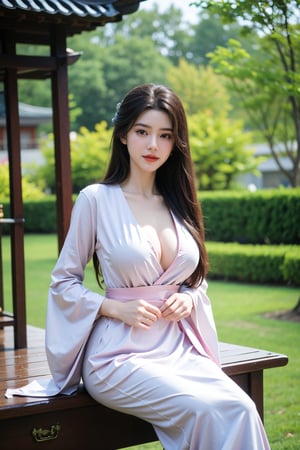 best quality,(masterpiece,beautiful,cute girl:1.23),Professional,photo_(medium),ultra-fine painting,1girl,long hair,outdoors,(front:1.3),floral background,(sitting:1.3),medium_shot,chinese hanfu,pink chinese clothes,flower,hands on hips,(big breasts:1.46),Xyunxiao