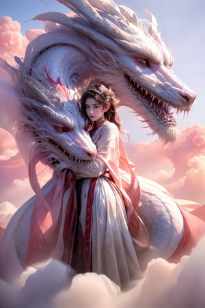 photorealistic,realistic,photography,masterpiece,best quality,ultra-detailed,extremely detailed CG unity 8k wallpaper,1girl,cloud,pink theme,pink white dragon,,moyou,forehead,white hair