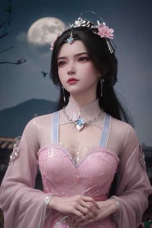 (8k, RAW photo, best quality, masterpiece:1.2), (realistic, photo-realistic:1.2)(raw photo) , detailed and intricate, original,highres,looking at viewer,upper body,black hair,BREAK,(light pink 
 clothing:1.39),(huge breasts:2.29),Xyunxiao,1girl,(full moon,Peony:1.36),BREAK,(Holographic color Chinese Phoenix pattern embroidery:1.26),Xxiaolongnv,Xlimuwan,Xjiuweihu