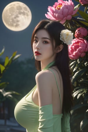 (8k, RAW photo, best quality, masterpiece:1.2), (realistic, photo-realistic:1.2)(raw photo) (extremely detailed CG unity 8k wallpaper) detailed and intricate, original,highres,looking at viewer,upper body,black hair,BREAK,(light green clothing:1.29),(big breasts:1.66),Xyunxiao,1girl,(full moon,Peony:1.29)