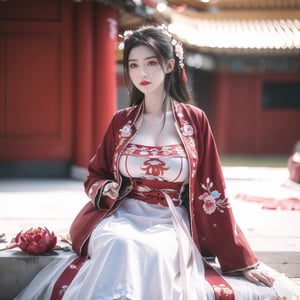 hanfu, Best Quality, masterpiece, (Snowing:1.3),1 girl, (long hair:1.2),  (big breasts:1.89),(Upper body photo:1.3),hanfu,18-year-old , exquisite , extreme face,creamy skin, fair skin,realistic skin details, (super-detail) , long hair, (big breasts:1.69),1girl,long skirt,long sleeves,(Peony flowers, plum blossoms:1.5),(flower:1.3),tangdynastyhanfu, hanfu2,myhanfu, chang,Sit on the steps, hands on hips,embroidered flower patterns