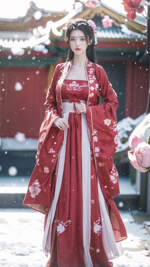 hanfu, Best Quality, masterpiece, (Snowing:1.5),1 girl, (long hair:1.2),  (big breasts:1.69),(Upper body photo:1.3),hanfu,18-year-old , exquisite , extreme face,creamy skin, fair skin,realistic skin details, (super-detail) , long hair, (big breasts:1.59),1girl,long skirt,long sleeves,(Peony flowers, plum blossoms:1.5),(flower:1.3,tangdynastyhanfu, hanfu2,myhanfu, chang,Sit on the steps, hands on hips