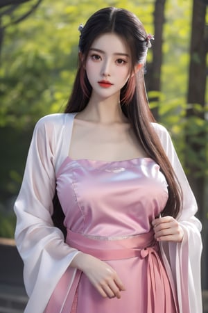 (8k, RAW photo, best quality, masterpiece:1.2), (realistic, photo-realistic:1.2)(raw photo) (extremely detailed CG unity 8k wallpaper) detailed and intricate, original,highres,1girl,long hair,(long hanfu dress:1.23),looking at viewer,upper body,(light pink clothing:1.39),(big breasts:1.52),Xyunxiao,1girl,Xziling,underwear,Dudou,dudou