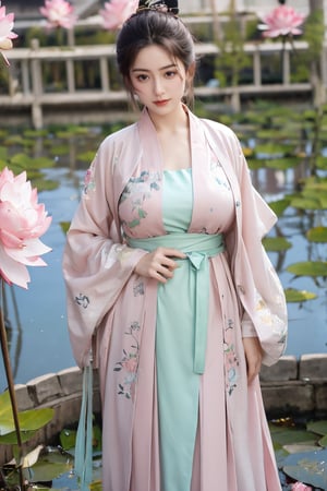 (masterpiece, best quality:1.2), highres, extremely detailed, 1 girl, long hair, eye highlights,(light green hanfu dress:1.33), frills, outdoors, flower, fluttering petals, upper body, depth of field,pastel color, Depth of field,garden of the sun,shiny,flowers, garden, 1girl, butterfly style, butterflies, ultra detailed, glary,Light, light particles,glitter,reflect,(Ancient Chinese pattern embroidery:1.23),(big breasts:1.76),Xyunxiao,BREAK,(pink lotus,Lotus Pond:1.59),(Background Chinese ancient architecture:1.29)