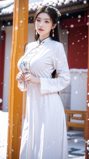 Masterpiece, Best Quality,young and beautiful Chinese girl wearing a cheongsam with coiled hair,wearing vintage Chinese earrings, (big breasts:1.39),1girl, half,arien_hanfu, 1girl, (falling_snow:1.3), looking_at_viewer, , (big breasts:1.39),Young beauty spirit 