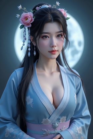 (8k, RAW photo, best quality, masterpiece:1.2), (realistic, photo-realistic:1.2)(raw photo) , detailed and intricate, original,highres,looking at viewer,upper body,black hair,BREAK,(light blue hanfu:1.29),(huge breasts:2.39),Xyunxiao,1girl,(full moon,Peony:1.36),BREAK,(Chinese Phoenix pattern embroidery:1.26),wonder beauty