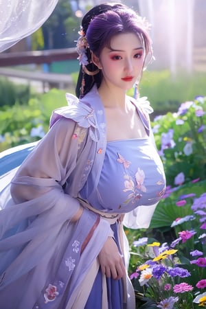 (masterpiece, best quality:1.2), highres, extremely detailed, 1 girl, purple hair, eye highlights,purple dress, frills, outdoors, flower, fluttering petals, upper body, depth of field,pastel color, Depth of field,garden of the sun,shiny,flowers, garden, 1girl, butterfly style, butterflies, ultra detailed, glary,Light, light particles,glitter,reflect,,(big breasts:1.39),Xyunxiao,sky_moon,hanfu