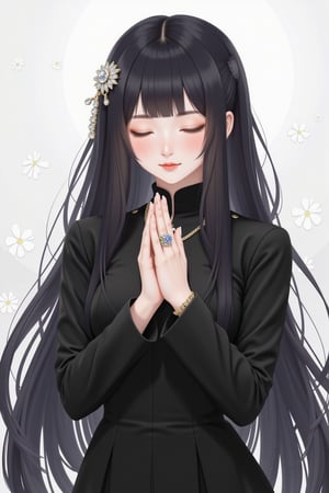 1girl, solo, long hair, black hair, hair ornament, long sleeves, dress, jewelry, closed mouth, closed eyes, upper body, earrings, necklace, bracelet, ring, own hands together, veil, red lips, praying,Midjourney_Whisper,Made of adrr-zllj,landscape,wonder beauty