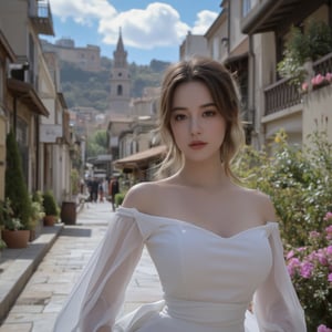 (masterpiece, best quality:1.2), 1girl, (white dress:1.26),looking at viewer,(huge breasts:1.69),Depth of field,(Ancient city streets,flowers:1.29), 1girl, ultra detailed, glary,Light, light particles,reflect,ghost