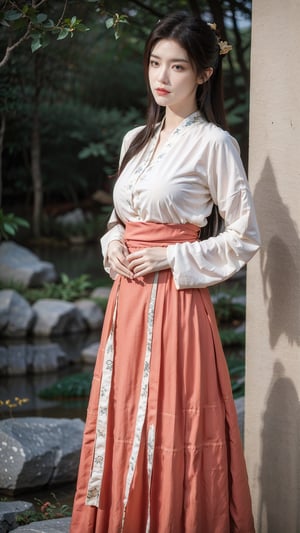hanfu2, Best Quality, masterpiece, Super High Resolution, (realistic: 1.4) , original photo, 1 girl, (long hair:1.2),  (big breasts:1.49),hanfu,18-year-old,  (best quality, 8k, Masterpiece: 1.3) , exquisite (realistic style) , star-like eyes, extreme face, photo-level lighting,  creamy skin, fair skin, high-detail skin, realistic skin details, visible pores, (super-detail) , (perfect body: 1.1) , long hair, (dynamic pose) , (big breasts:1.3),1girl,long skirt,long sleeves,moyou
